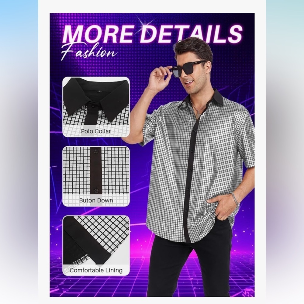 NWT Mens 70s Disco Shirt Short Sleeve Button Down Sequin 70's Costume Shirt - Picture 5 of 6